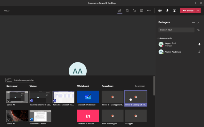 Præsentationsvisning fra PowerPoint i Teams